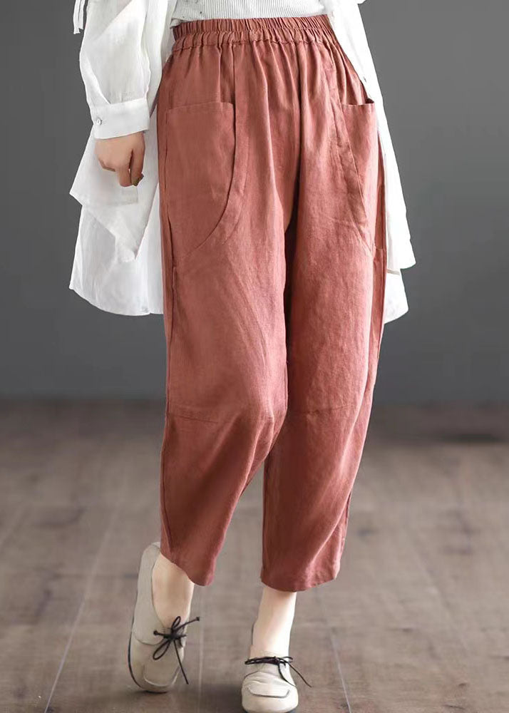 Orange Pockets Elastic Waist Patchwork Linen Crop Pants Summer
