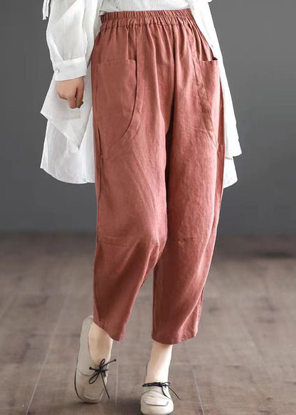 Orange Pockets Elastic Waist Patchwork Linen Crop Pants Summer