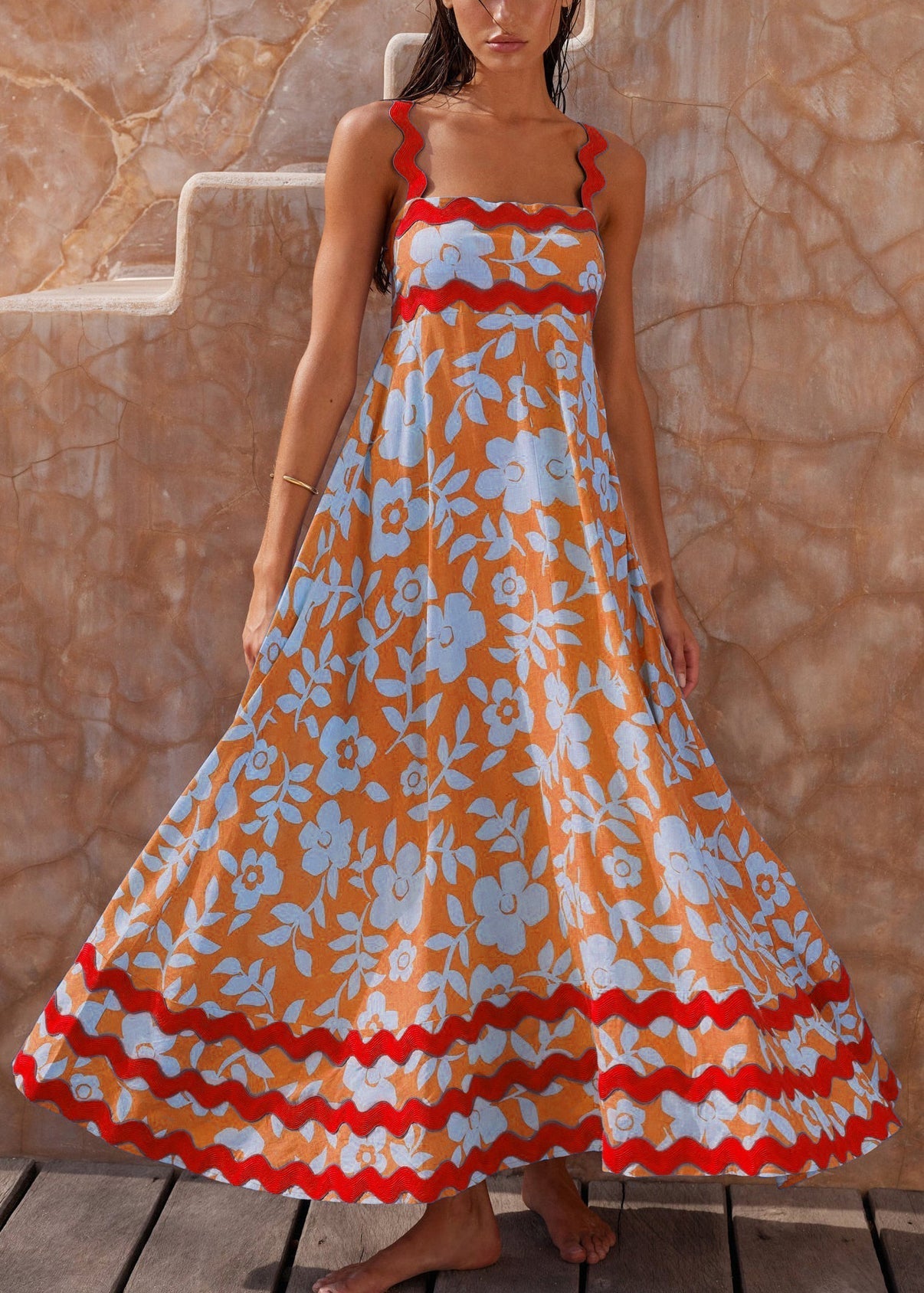 Orange Print High Waist Cotton Spaghetti Strap Dress Sleeveless