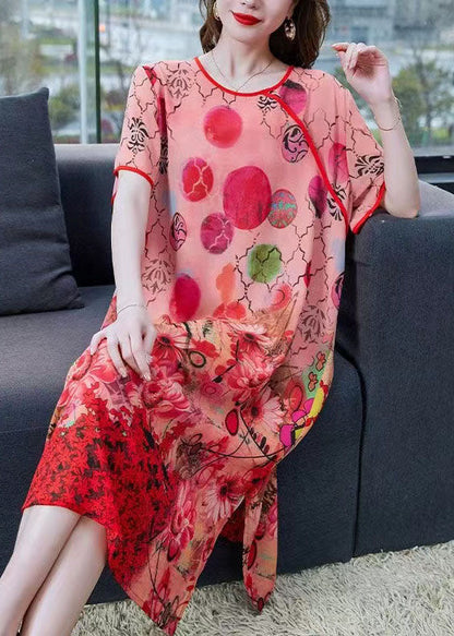 Orange Print Side Open Patchwork Chiffon Dresses Summer
