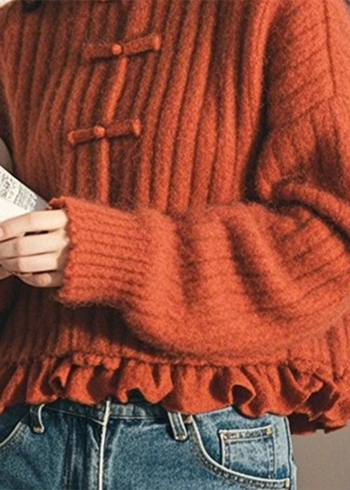Orange Ruffled Button Cozy Cotton Knit Coat Fall
