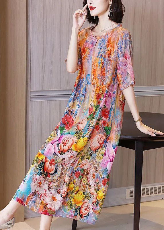 Orange Ruffled Print Silk Beach Dress Summer