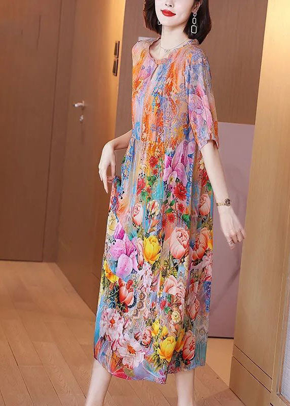 Orange Ruffled Print Silk Beach Dress Summer