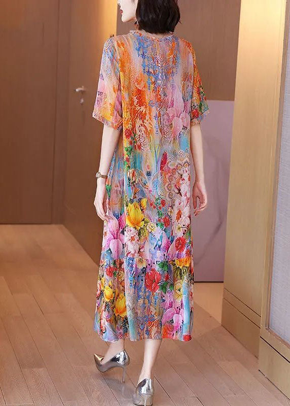 Orange Ruffled Print Silk Beach Dress Summer