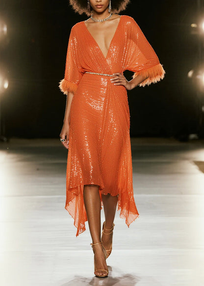 Orange Sequins Patchwork Faux Fur Vacation Dresses Summer