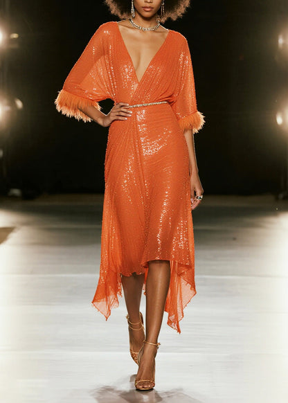Orange Sequins Patchwork Faux Fur Vacation Dresses Summer