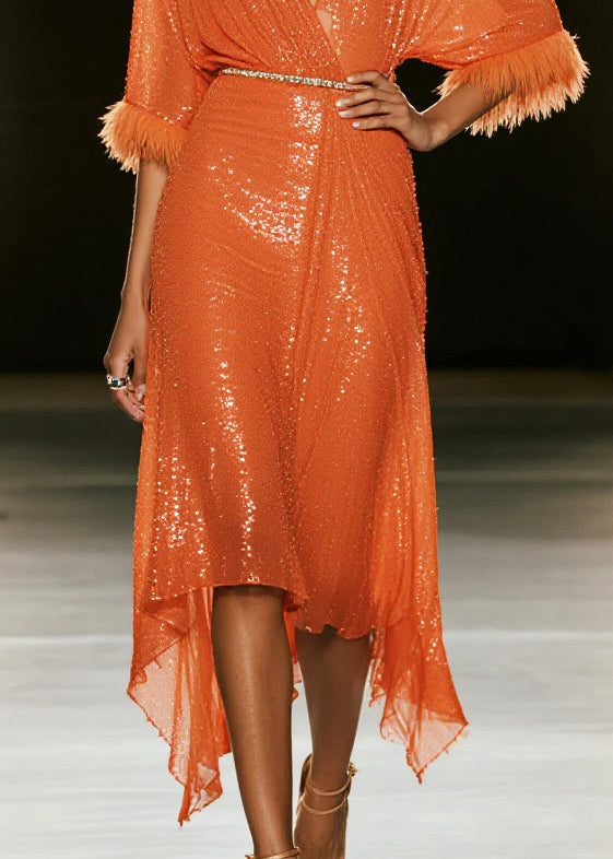 Orange Sequins Patchwork Faux Fur Vacation Dresses Summer