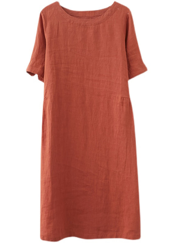 Orange O-neck Linen Dresses Short Sleeve