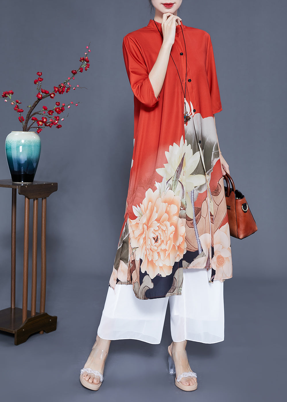 Orange Stand Collar Print Side Open Silk Sets 2 Pieces Half Sleeve