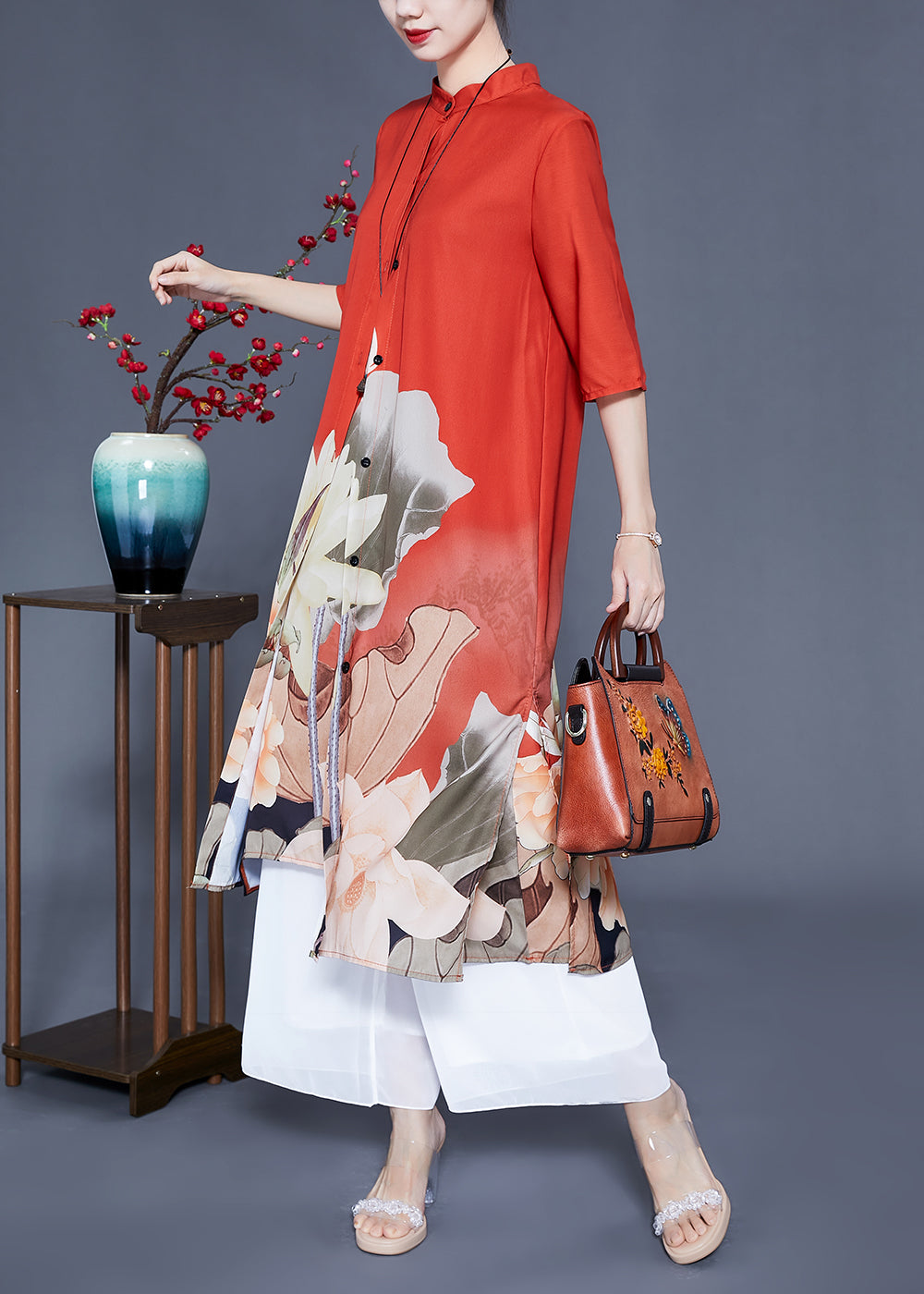 Orange Stand Collar Print Side Open Silk Sets 2 Pieces Half Sleeve