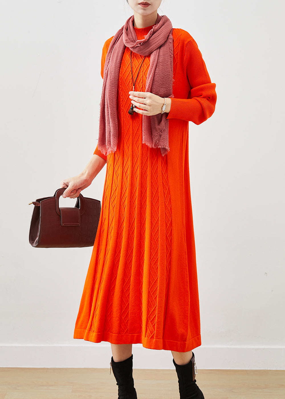Orange Stand Collar Wrinkled Knit Dress Winter