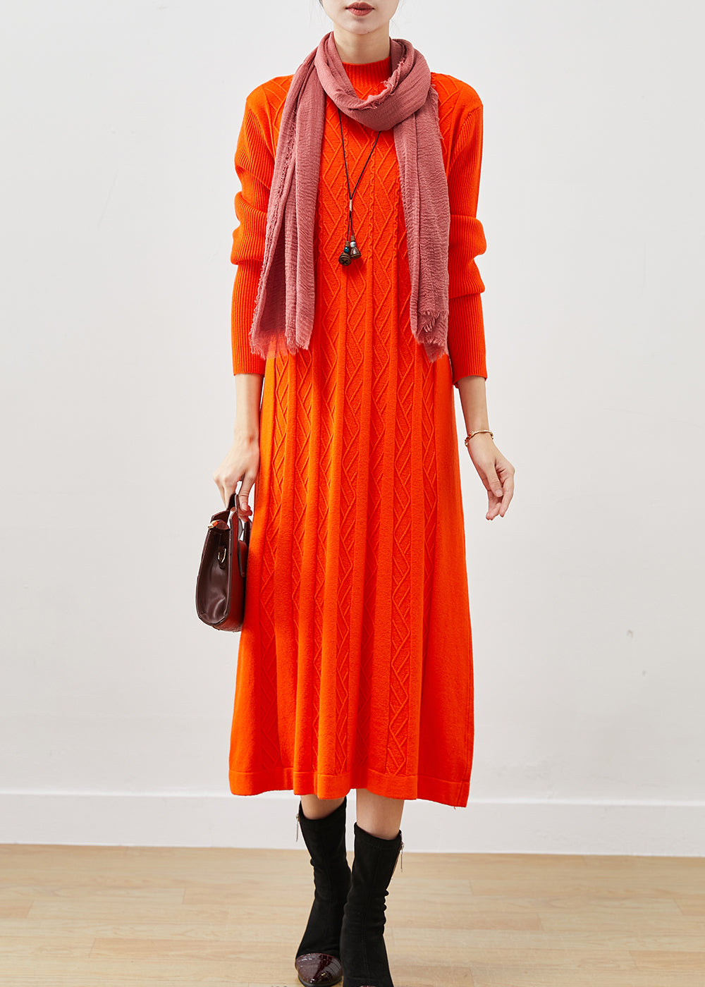 Orange Stand Collar Wrinkled Knit Dress Winter