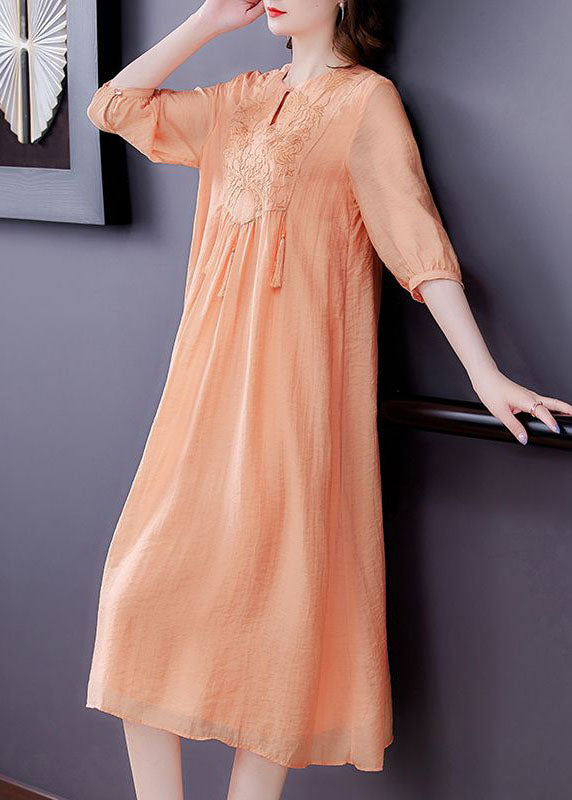 Orange Tasseled Embroidered Patchwork Silk Dress Half Sleeve