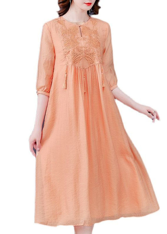 Orange Tasseled Embroidered Patchwork Silk Dress Half Sleeve