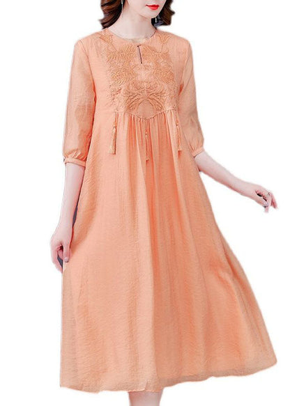 Orange Tasseled Embroidered Patchwork Silk Dress Half Sleeve