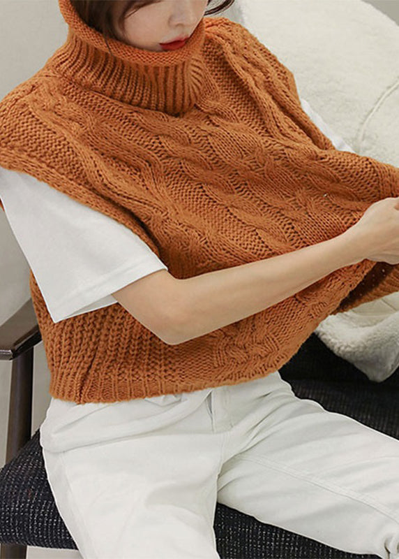 Orange Turtleneck Knit Cardigans Short Sleeve