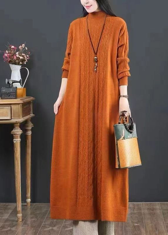 Orange Turtleneck Patchwork Knit Dresses Winter