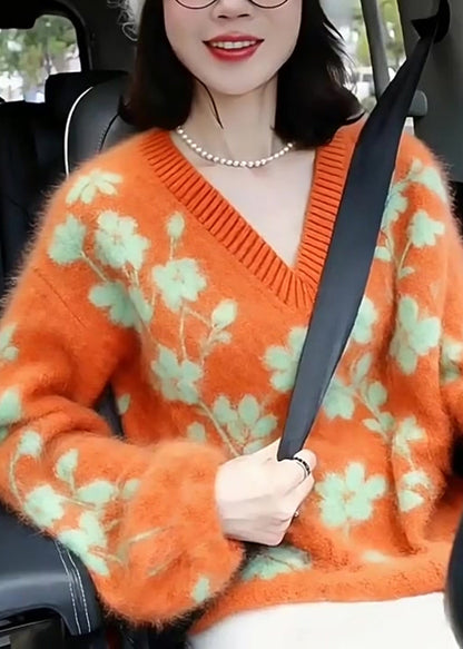 Orange V Neck Jacquard Knitted Short Sweater Winter