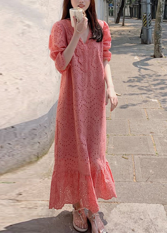 Orange V Neck Lace Patchwork Hollow Out Cotton Long Dresses Summer