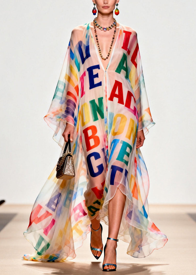 Oversized Letter Print Exra Large Hem Chiffon Beach Dress Summer