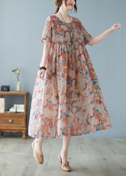 Oversized Print Exra Large Hem Cotton Long Dresses Short Sleeve