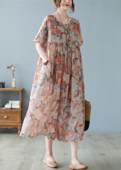 Oversized Print Exra Large Hem Cotton Long Dresses Short Sleeve