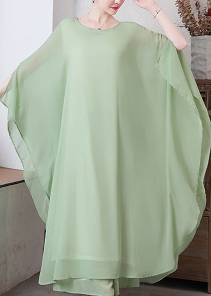 Pea Green Asymmetrical Chiffon Long Dress and Wide Leg Pants Two Pieces Set Spring