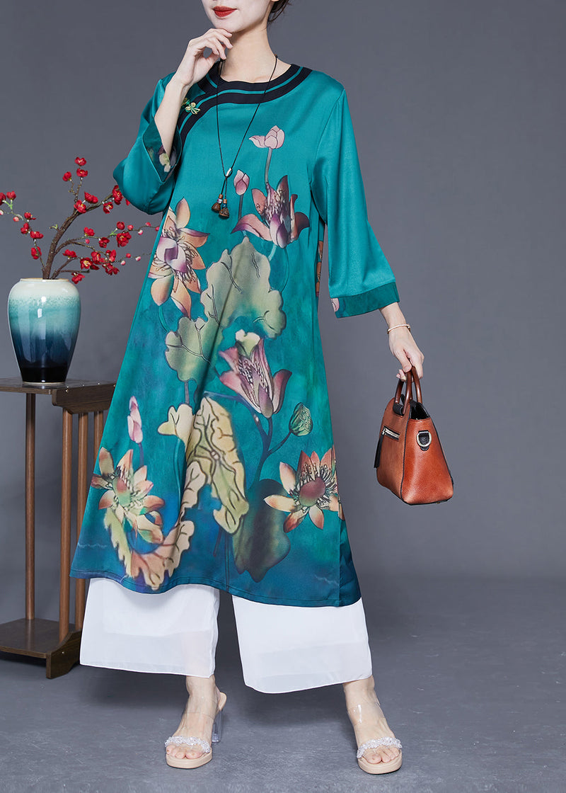 Peacock Blue Print Side Open Silk Holiday Dress Bracelet Sleeve