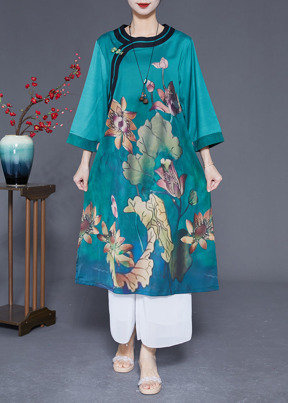 Peacock Blue Print Side Open Silk Holiday Dress Bracelet Sleeve