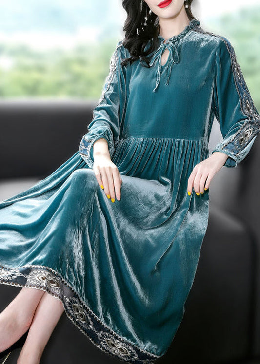 Peacock Blue Ruffled Embroideried Patchwork Silk Velour Dress Spring