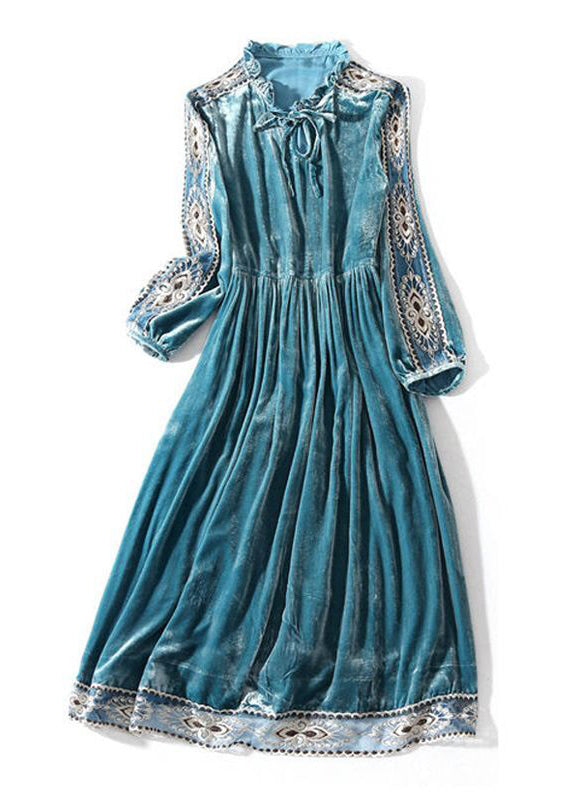Peacock Blue Ruffled Embroideried Patchwork Silk Velour Dress Spring