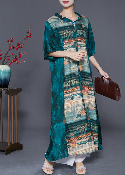 Peacock Green Ruffled Patchwork Print Silk Dresses Summer