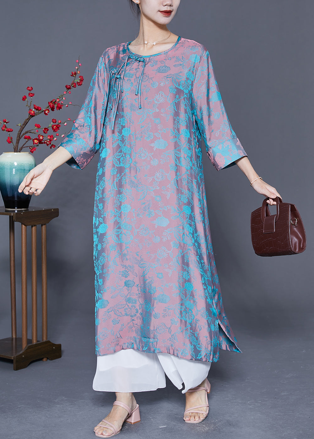 Pink Blue Jacquard Tassel Chinese Button Silk Vacation Dresses Bracelet Sleeve