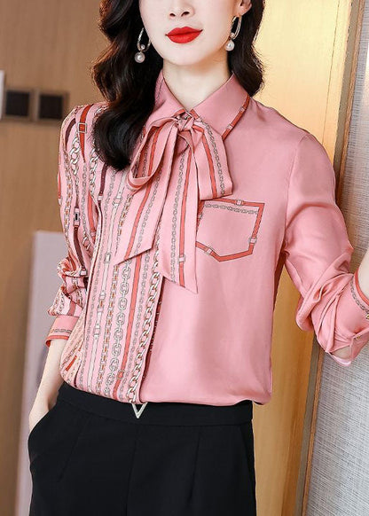 Pink Bow Tie Print Patchwork Silk Shirts Top Spring
