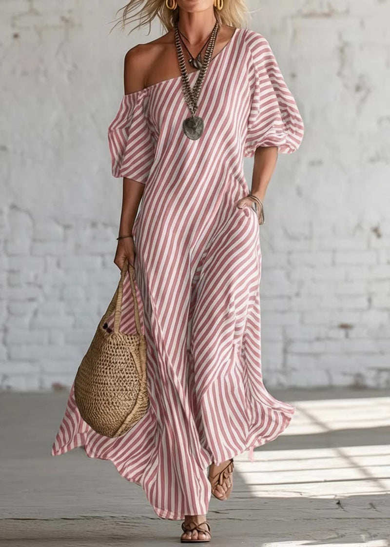 Pink Cold Shoulder Striped Cotton Dress Summer