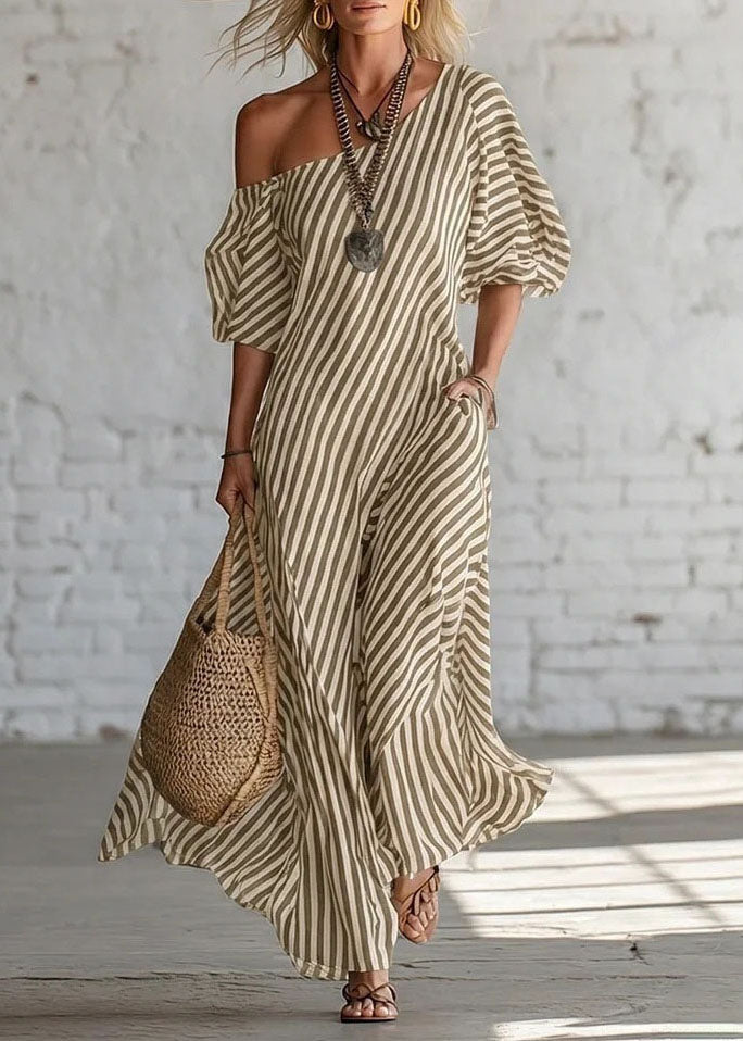 Pink Cold Shoulder Striped Cotton Dress Summer