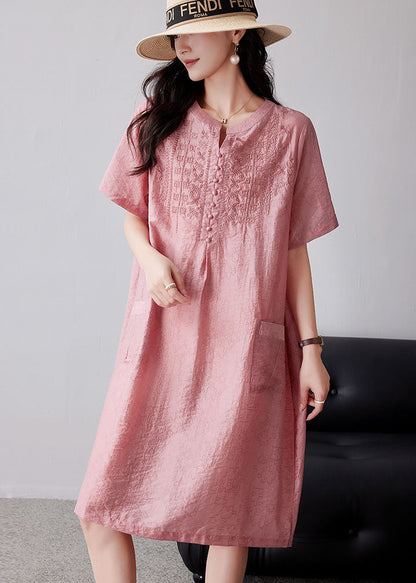 Pink Embroidered Oversized Linen Dresses Summer