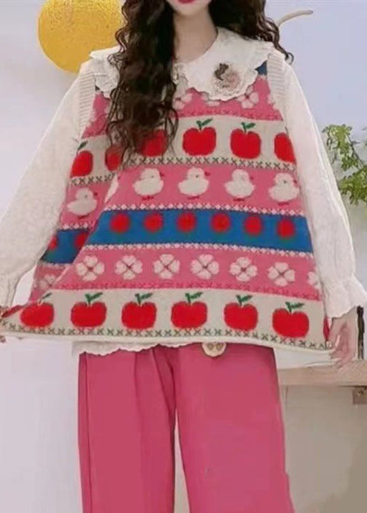 Pink Embroidered Patchwork Cozy Cotton Knit Waistcoat Sleeveless
