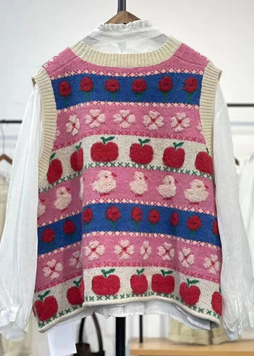 Pink Embroidered Patchwork Cozy Cotton Knit Waistcoat Sleeveless