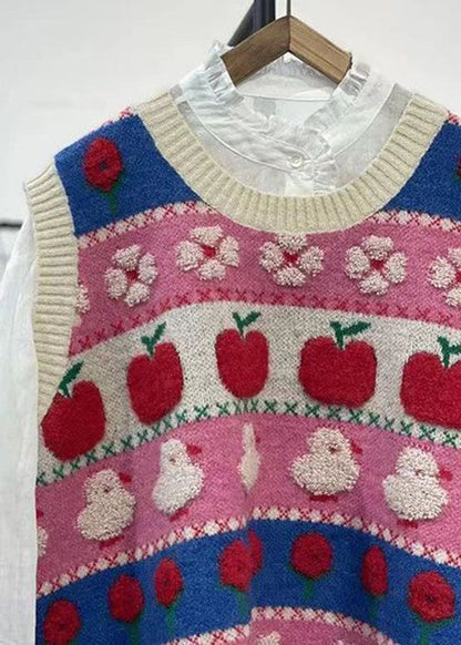 Pink Embroidered Patchwork Cozy Cotton Knit Waistcoat Sleeveless