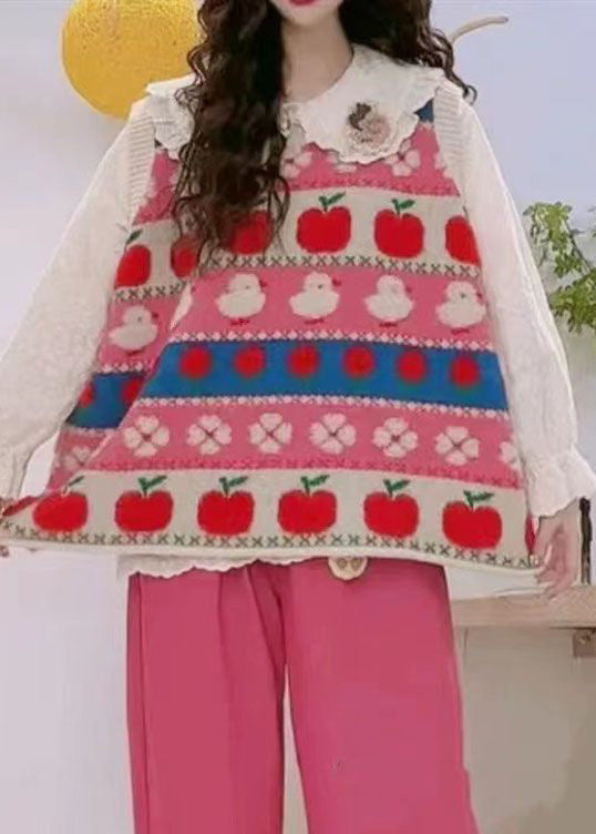 Pink Embroidered Patchwork Cozy Cotton Knit Waistcoat Sleeveless