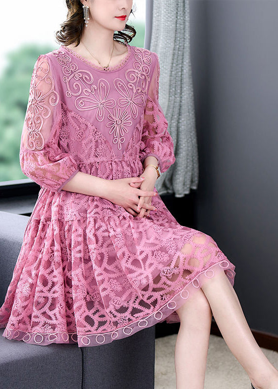 Pink Embroideried Tie Waist Lace Mid Dress Bracelet Sleeve