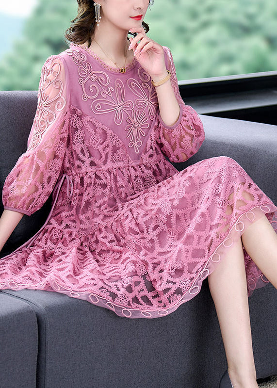 Pink Embroideried Tie Waist Lace Mid Dress Bracelet Sleeve