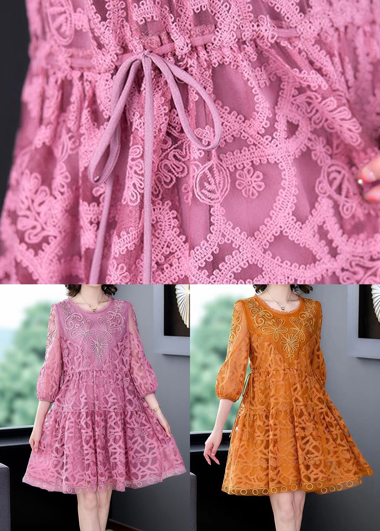 Pink Embroideried Tie Waist Lace Mid Dress Bracelet Sleeve