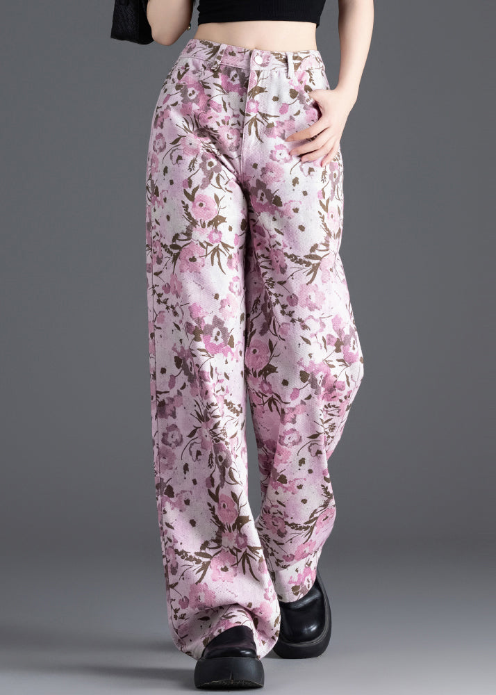 Pink Print Denim Straight Pants Spring