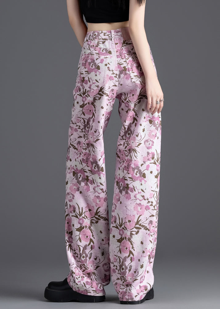 Pink Print Denim Straight Pants Spring