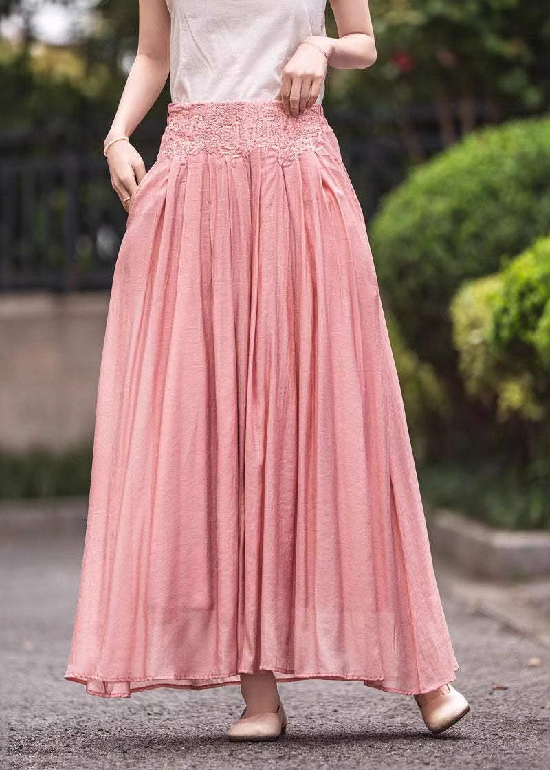 Pink High Waist Embroidered Wrinkled Linen Skirts Summer