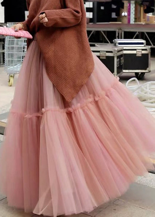 Pink High Waist Patchwork Pleated Tulle Fall Skirts