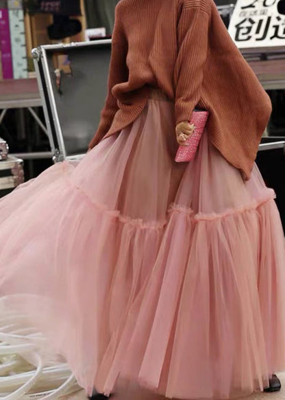 Pink High Waist Patchwork Pleated Tulle Fall Skirts