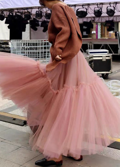 Pink High Waist Patchwork Pleated Tulle Fall Skirts